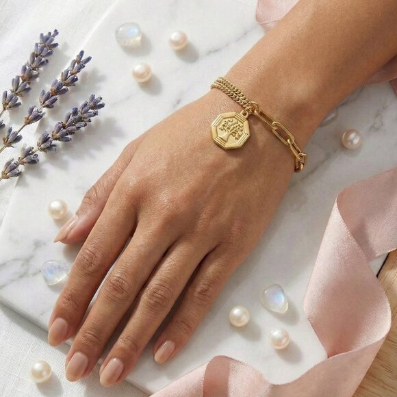 18K Gold Plated Stainless Steel Tree of Life Charm Paperclip Chain Bracelet - Picture 3 of 15